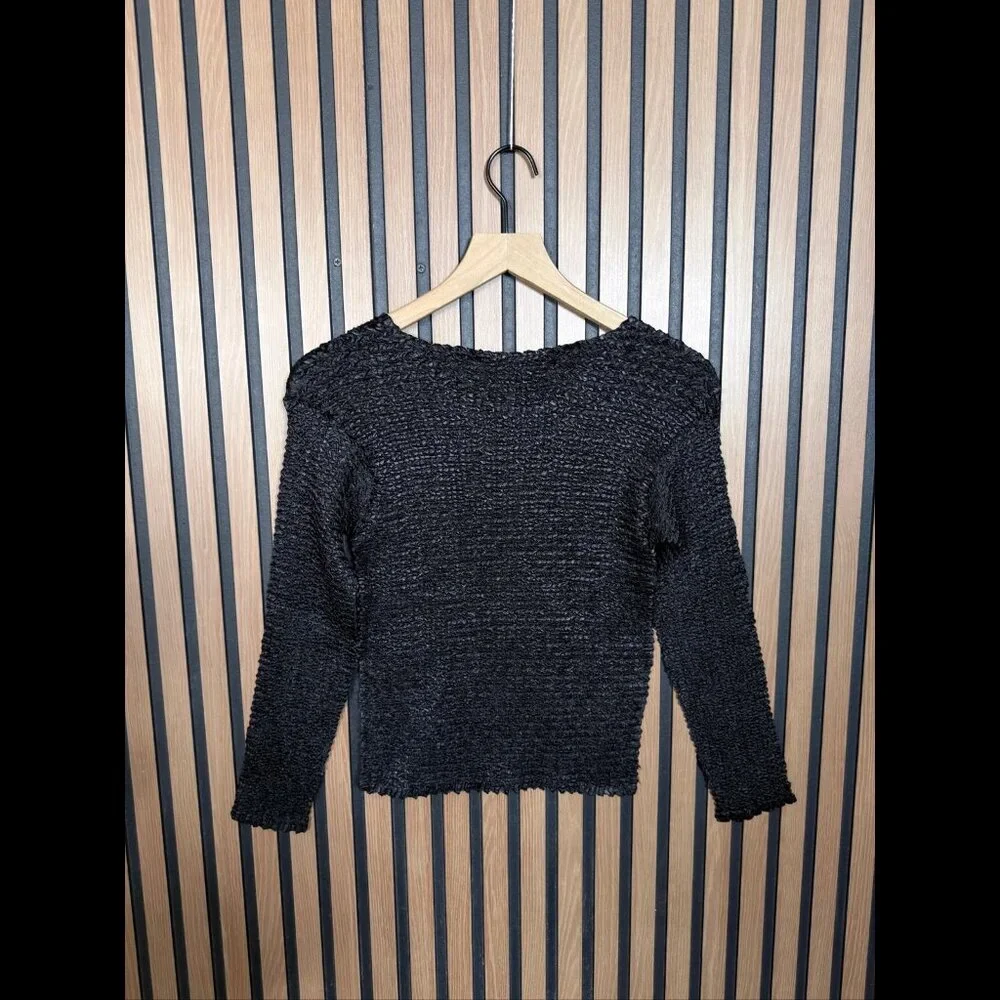 Valentina Top OS Womens Black Luxury Basket Weave Long Sleeve Fitted